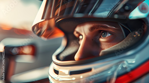 Close-up portrait of a racer in a helmet. A pilot wearing a helmet before the start of the race drives the car along the track. Determination burns brightly behind his visor as he prepares to win 