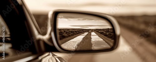 Rearview mirror reflecting landscape, sepia tones