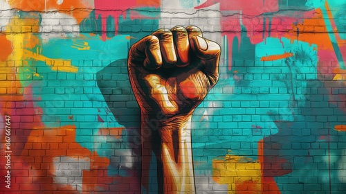 Vibrant Street Art Fist Graffiti on Colorful Brick Wall