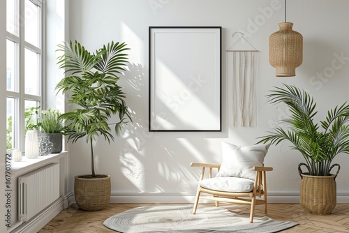 A cozy living room with a blank canvas, plants, a chair, and natural light. Perfect for showcasing your art or design.