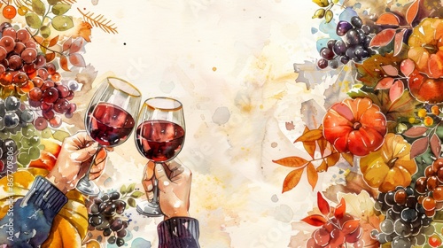 Two hands clinking wine glasses, surrounded by autumn harvest elements.