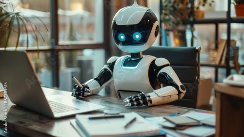 The Concept of using autonomous robots to replace office worker. robot is AI conducting interview with human at a desk