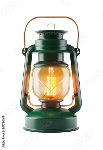 A vintage green lantern with a warm isolated on White background., glowing light inside. The lantern has a handle and a clear glass globe.