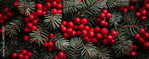abstract background of red berries, hedera and christmas pine tree braches