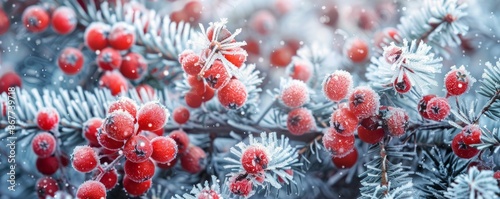 background of red berries and pine braches frozen in ice