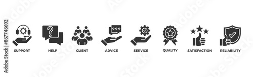 Customer care banner web icon illustration concept for customer support and telemarketing service with an icon of help, client, advice, chat, service, reliability, quality, and satisfaction 