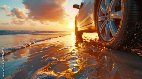 Car Wheel Driving Through Wet Sand at Sunset