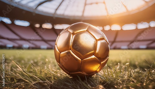 Uma bola de futebol de ouro em um gramado de campo de futebol