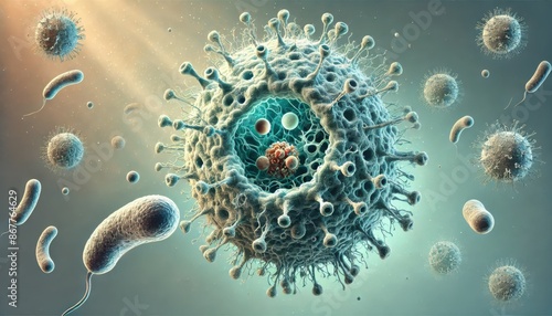 High-resolution digital illustration of a virus structure surrounded by bacteria in a microscopic environment with light effects