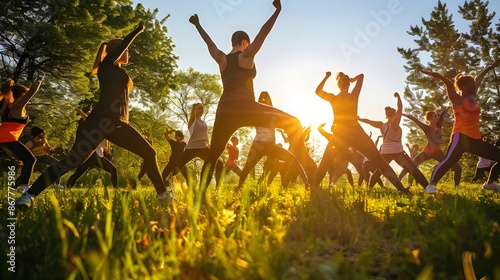 Huge, physically fit, active group stretching and working out in the outdoors.