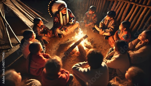 An elder Native American storyteller wearing traditional attire, sharing stories around a campfire with children