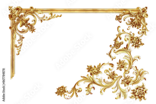 Decorative vintage golden frames and borders corners, traditional floral ornament illustration on a transparent background