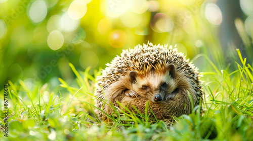 Hedgehog curled up in a ball on the grass. Macro shot of a hedgehog