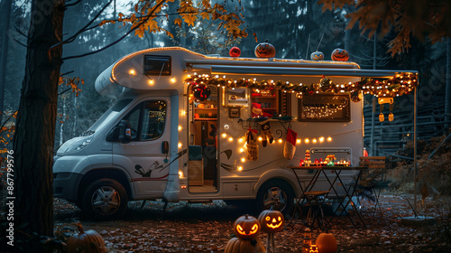 Motorhome decorated for a festive celebration, possibly Christmas or Halloween.