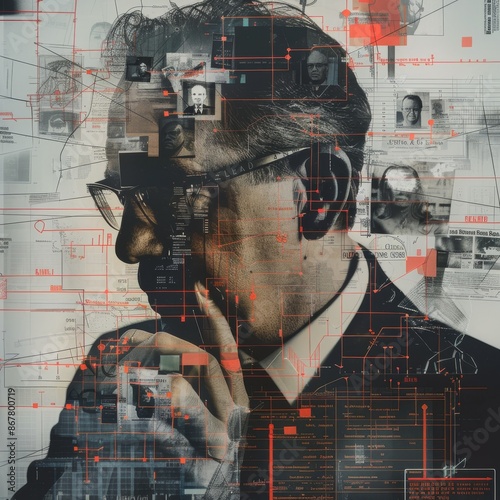 digital montage of evidence and intelligence documents related to the espionage case, overlaid with a portrait of the professor in contemplation, symbolizing the complex web of surveillance