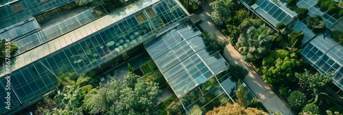 expansive glass roof of a sprawling botanical research greenhouse complex, where scientists collaborate amidst a sea of experimental plants, symbolizing the pursuit of ecological knowledge