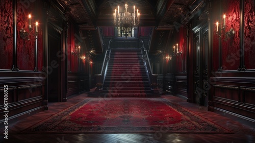 The dark hallway is lit by flickering candles. The red carpet leads up to a grand staircase.