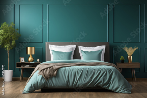 Un lit confortable avec des draps de luxe, des oreillers moelleux et une tête de lit élégante décore la salle d'un hôtel de luxe.