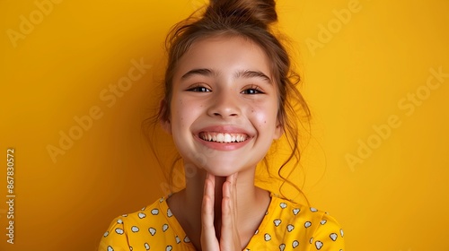 A teenage girl smiling widely with eyes sparkling and hands clapping in excitement, against a bright yellow background.