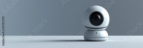 Smart Home, a minimalistic 3D smart security camera on a clean gray background, representing home surveillance