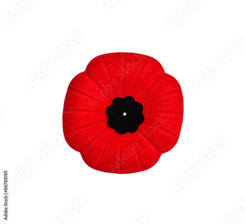 Red Remebrance Day poppy pin isolated cutout on transparent