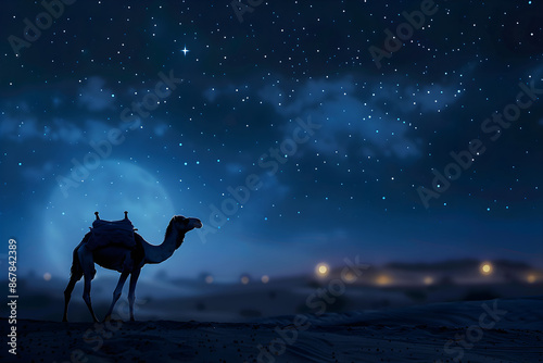 Islamic New Year banner. Background with a camel and ву. Copy space, Greeting card for Islamic holydays. Еourism concept