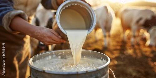 milkmaid gracefully pours milk into a bucket, surrounded by a herd of cows eagerly waiting to be fed.