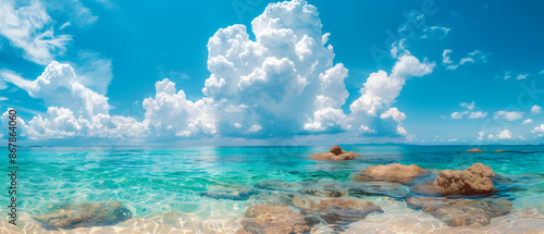 A panoramic view of a turquoise sea with a clear blue sky and fluffy white clouds, summer wallpaper