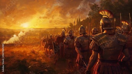 Roman soldiers in armor standing in formation at sunset.