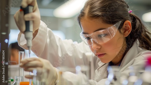 A girl in a lab uses a pipette, a plastic tool, to add a liquid into a test tube. She is learning about science and education.