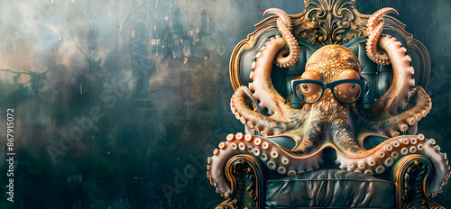 Eccentric Octopus Businessman Presiding on Regal Throne in Avant Garde Fashion A surreal and imaginative digital depicting a fashionable bespectacled octopus sitting on an ornate throne