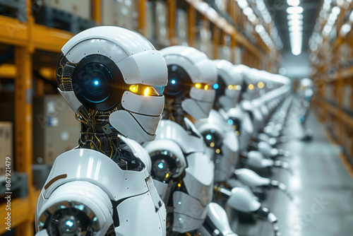 White robots stand in perfect formation in a modern warehouse, casting a futuristic and efficient atmosphere.