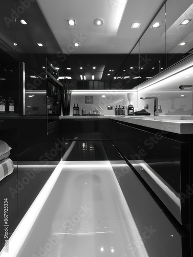 Black and white photo of a modern kitchen with a long galley. AI.