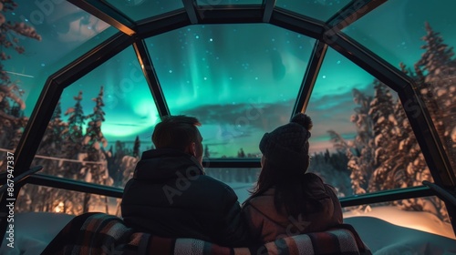 Couple watching the northern lights in a cozy glass igloo