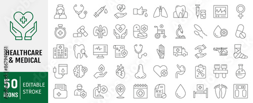 Medical editable stroke outline Icons set. Hospital, patient, medicine, pharmacy, nurse, prescription and medical report. Vector illustration