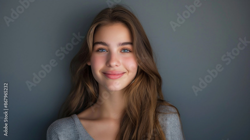 Smiling beautiful young woman posing for product advertising