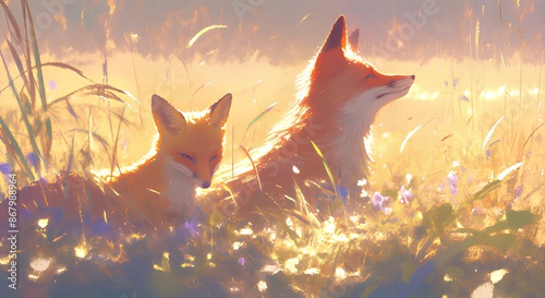 Wildlife Background. Red foxes hunting in a meadow at dawn with dew-covered grass and soft light of the rising sun. Witness the cunning nature of red foxes.