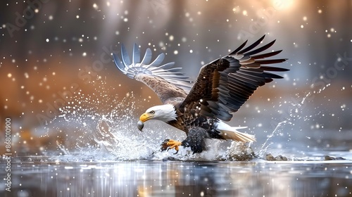 A bald eagle catching a fish from a river, the water splashing around. List of Art Media Minimalist realistic