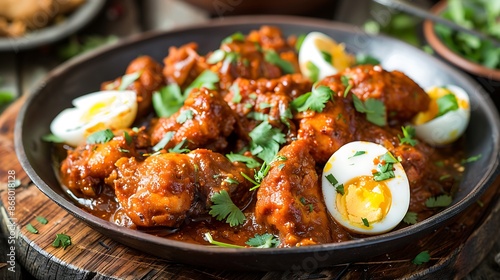 A close-up shot of a plate of Ethiopian Doro Wat