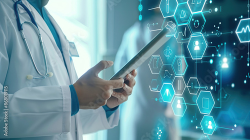 Doctors in the context of medical network connectivity technology, the concept of a digital future and hospital data systems hold small tablets