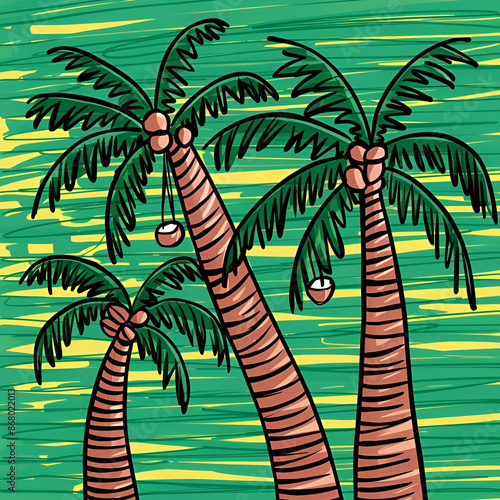 Use curved lines to create the trunks and fronds of the palm trees,Make sure to vary the lengths and angles of the fronds to add realism.