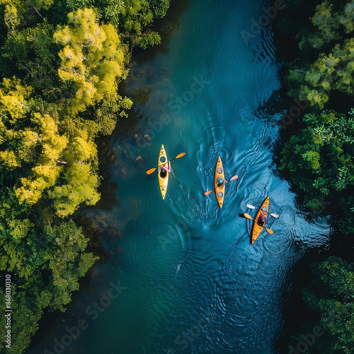 A group of friends kayaking on a winding river, their paddles moving in unison