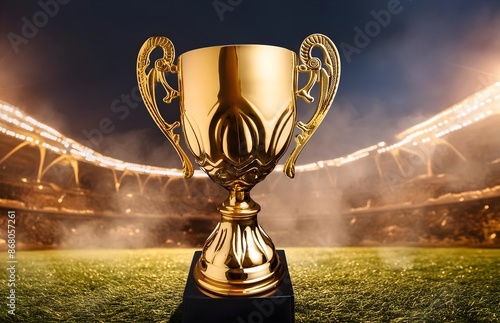 Closeup sleek golden sports tropy prize cup stadium background night time celebration and smoky background