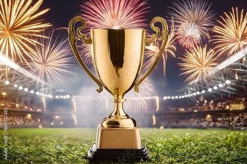 Closeup sleek golden sports tropy prize cup stadium background night time celebration and smoky background