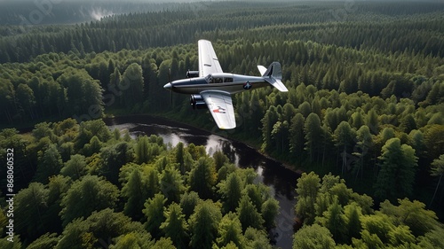 Pequeno avião, bimotor, sobrevoando uma densa floresta, visto de cima.