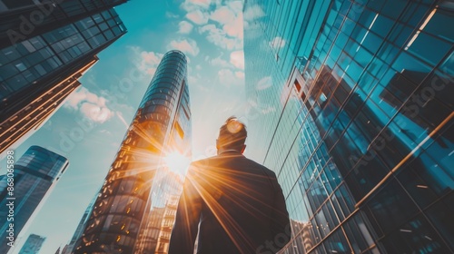 A man stands in front of a tall building with a bright sun shining on him