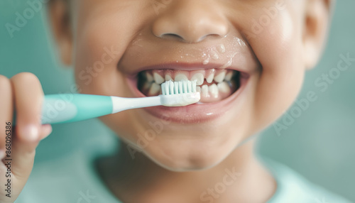 Close-up of a child smiling while brushing teeth with a toothbrush, promoting dental hygiene and oral care for kids.