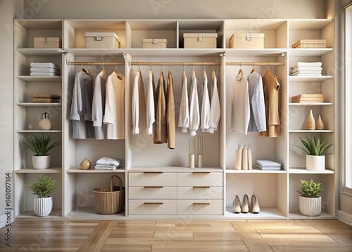 Sleek modern Scandinavian white walk-in closet with minimalist wardrobe, clothes on hangers, and storage shelves set against a soothing pastel beige background.