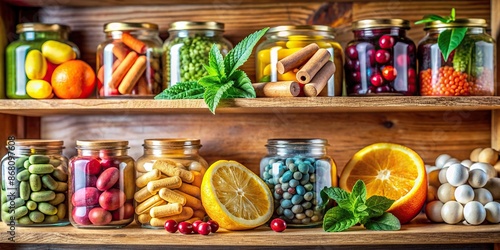 Colorful assortment of vitamins and supplements stacked haphazardly on a cluttered shelf, reflecting a frantic preparation for the impending cold and flu season.