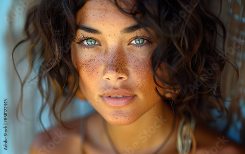 A close-up portrait of a beautiful young woman with Micronesian heritage. Her face is adorned with freckles and her gaze is captivating, with piercing green eyes